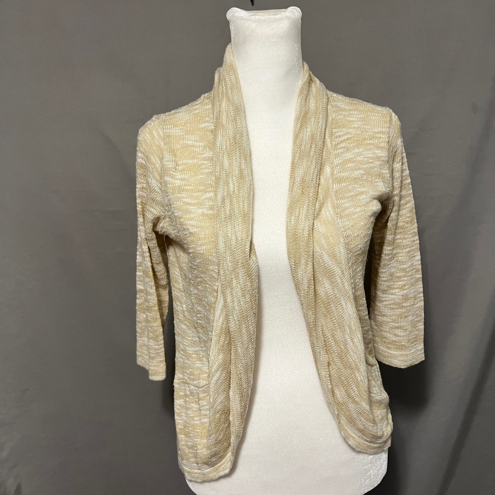 Absolutely Cardigan Open Front Knit‎ Ruffle Hem 3/4 Sleeve Beige Size S